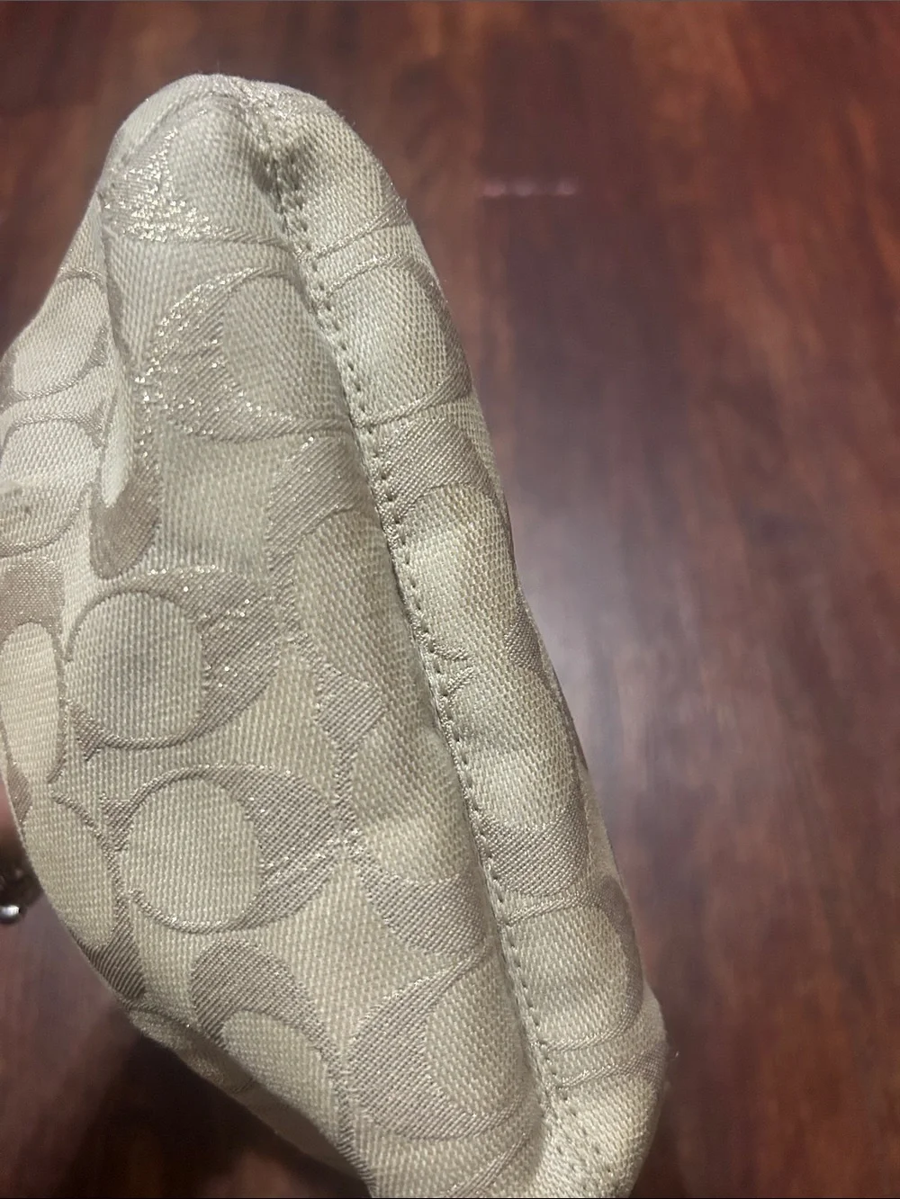 Coach Shimmer Signature Beige Wristlet with Metallic Trim